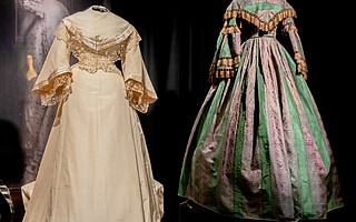 From Left: De la Guerra silk wedding dress (1836) and Trousseau green taffeta and cotton gown (1857)