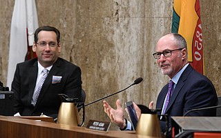 Gregg Hart (right) takes his seat alongside Supervisor Steve Lavagnino, who is now board chair.