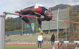 The Olympic motto (“Faster, Higher, Stronger”) was practiced Saturday by Sharon Day-Monroe (high jumping above) and seven other athletes during the Thoreson 30-Minute Decathlon. The event memorialized Dave Thoreson, who was an All-American high jumper in 1962-63 at Westmont College. Day-Monroe, the first woman to try the accelerated decathlon, finished third behind Curtis Beach and Tom FitzSimons.
