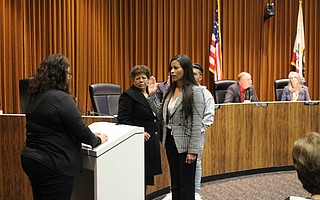 New Lompoc Councilmember Gilda Cordova takes the oath after receiving a unanimous vote of appointment.
