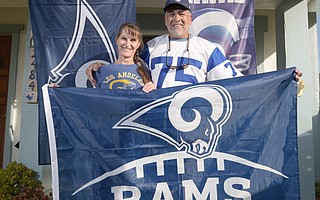 There will not be any neutrality when Nancy and Kiki Garibay host a Super Bowl party at their home in Carpinteria. Kiki is wearing a Deacon Jones jersey from the 1960s, when he started following the Rams.