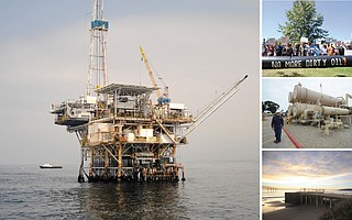 Platform Holly (left) is one of seven offshore oil rigs to be shut down, a decommissioning urged by protesters (top) hoping to close Venoco’s Ellwood facility (middle) and piers (bottom) in Goleta.