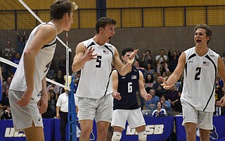 Pictured above, Gaucho volleyballers Ryan Wilcox (4), Keenan Sanders (5), Hayden Boehle (6) and Casey McGarry (2) are fired up during their five-set victory over UCLA.