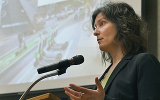 Francie Stefan, mobility czar for the City of Santa Monica, spoke at a SBCAG-hosted Scooter Summit in the Faulkner Gallery
